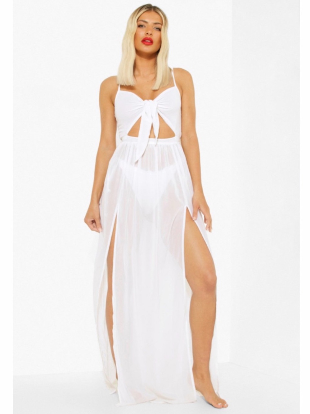 NEW-Boohoo White Sheer Maxi Length Cover Up Skirt With High Slits- 14